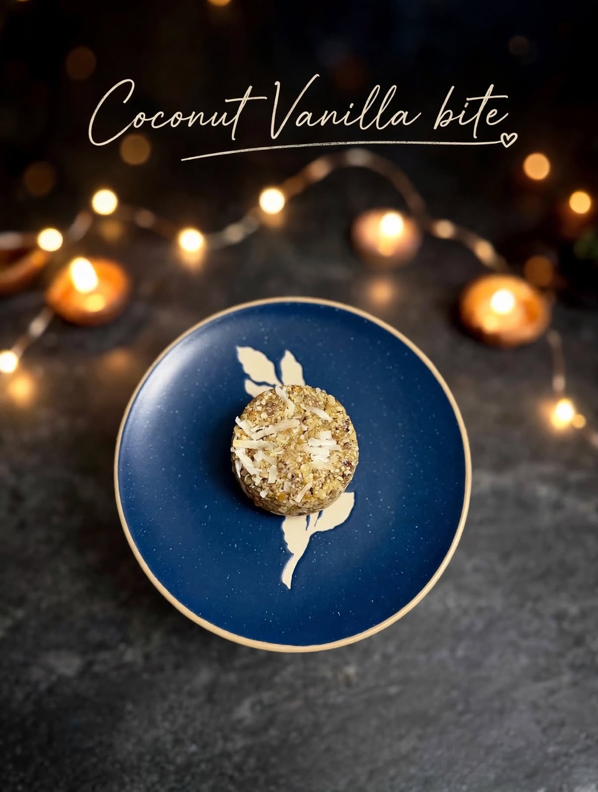 Coconut vanilla bite on a blue plate