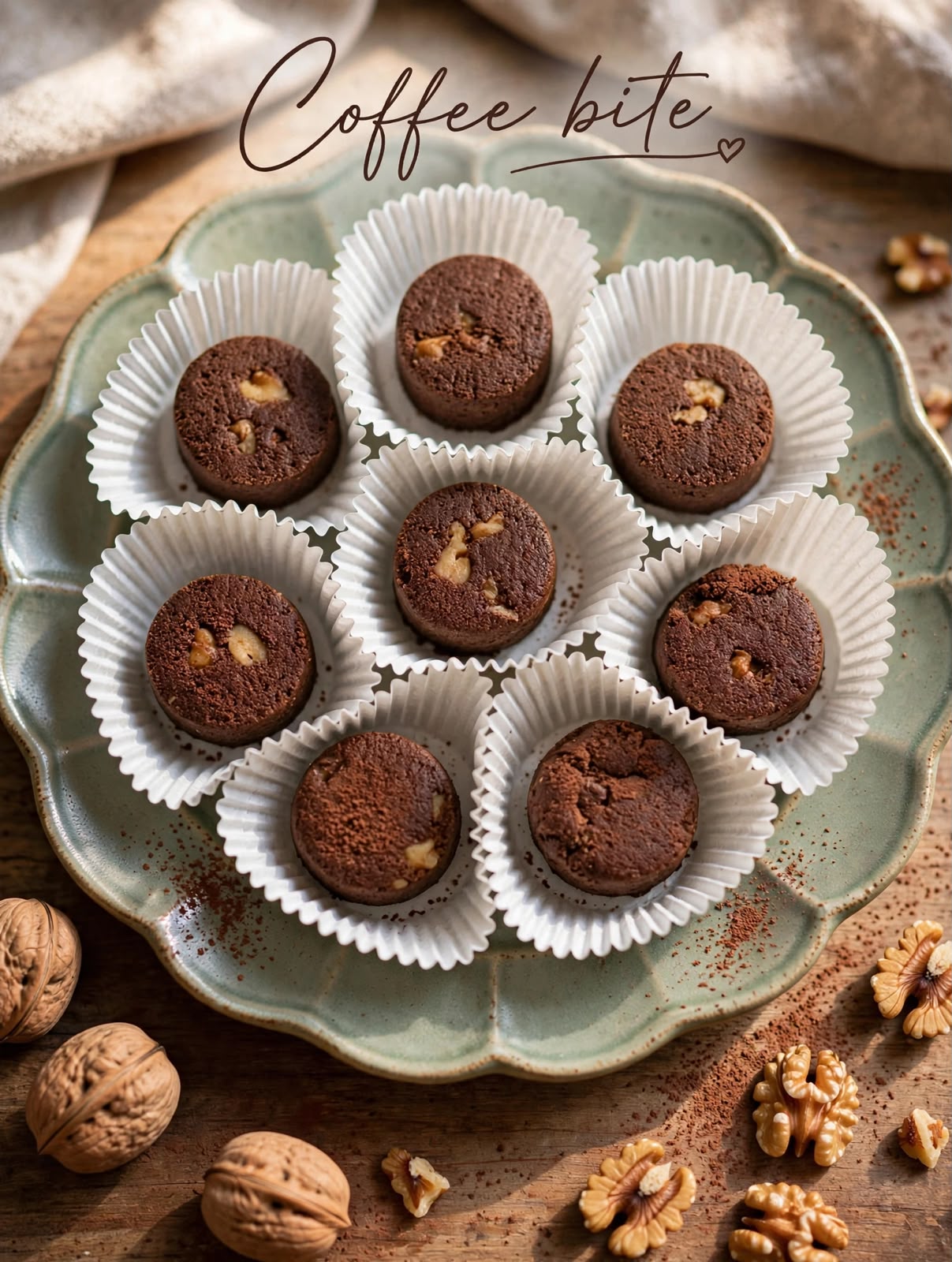 Coffee bites arranged on a ceramic platter with walnuts
