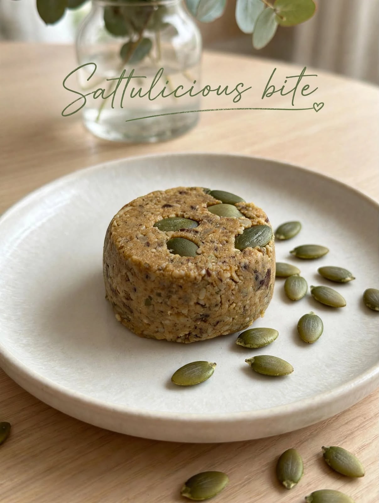 Sattulicious bite topped with pumpkin seeds